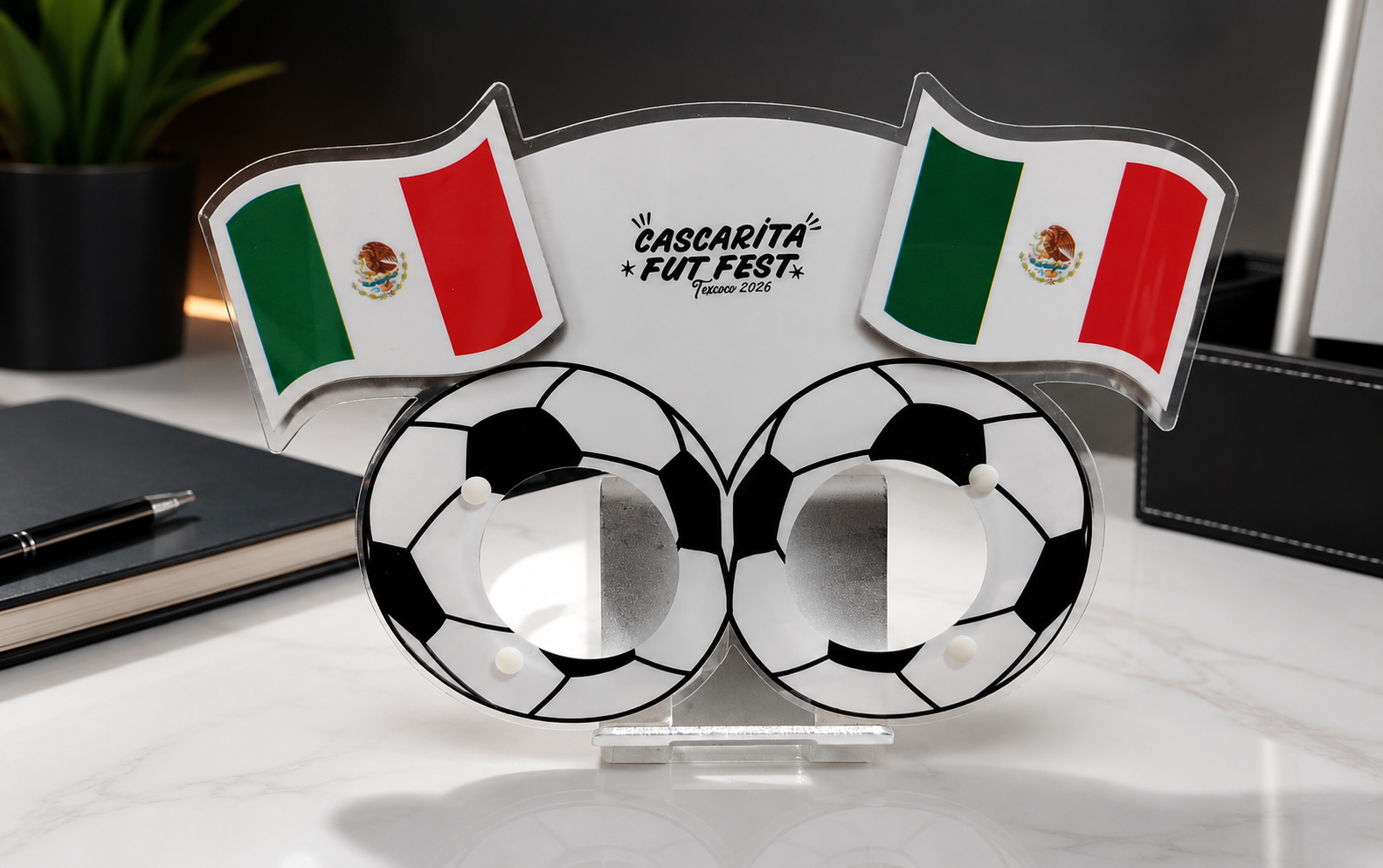 Lentes promocionales personalizados con temática de futbol y banderas de México